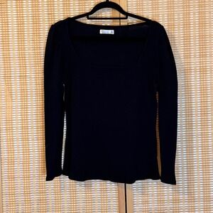 89th + Madison Womens Black Ribbed Waffle Knit Square Neck‎ Long Sleeve Top L